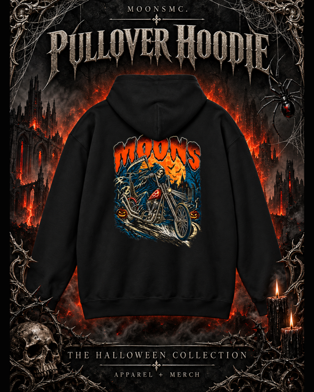 MOONSMC black Midnight Reaper pullover hoodie with reaper and chopper back artwork in a gothic Halloween setting with cathedrals, candlelight and cobwebs