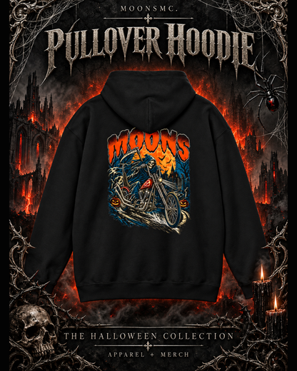 MOONSMC black Midnight Reaper pullover hoodie with reaper and chopper back artwork in a gothic Halloween setting with cathedrals, candlelight and cobwebs