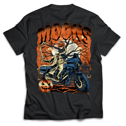 MOONSMC 2024 Halloween Edition - FXLRST Headless Horsemen Graveyard Tee Orange: black tee showing the large rider and pumpkin back graphic.