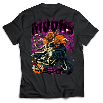 MOONSMC 2024 Halloween Edition - FXLRST Headless Horsemen Graveyard Tee Purple: black tee showing the large rider and pumpkin back graphic.