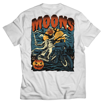 MOONSMC 2024 Halloween Edition - FXLRST Headless Horsemen Graveyard White Tee Indigo: white tee showing the large rider and pumpkin back graphic.