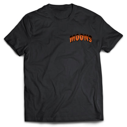 MOONSMC 2024 Halloween Edition - FXLRST Headless Horsemen Graveyard Tee Orange: front of the black tee with a small chest logo.