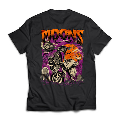 MOONSMC FXR Headless Horsemen Graveyard Wheelie T-Shirt Purple: black tee showing the large headless rider back graphic.