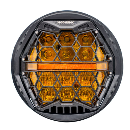 Front view of the MOONSMC 5.75-inch HexBeam Pro headlight with amber hexagonal lenses.