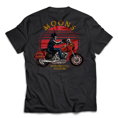 MOONSMC FXRT Sunset T-Shirt: black tee showing the motorcycle and sunset back graphic.