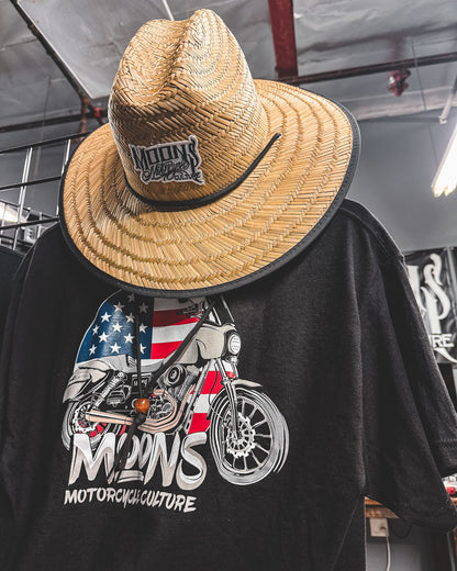 MOONSMC OG Logo UPF 50+ Lifeguard Straw Hat: straw hat displayed with a motorcycle graphic shirt.