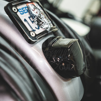 Angled close-up of a smoked V4 tail light mounted on a silver motorcycle rear fender.