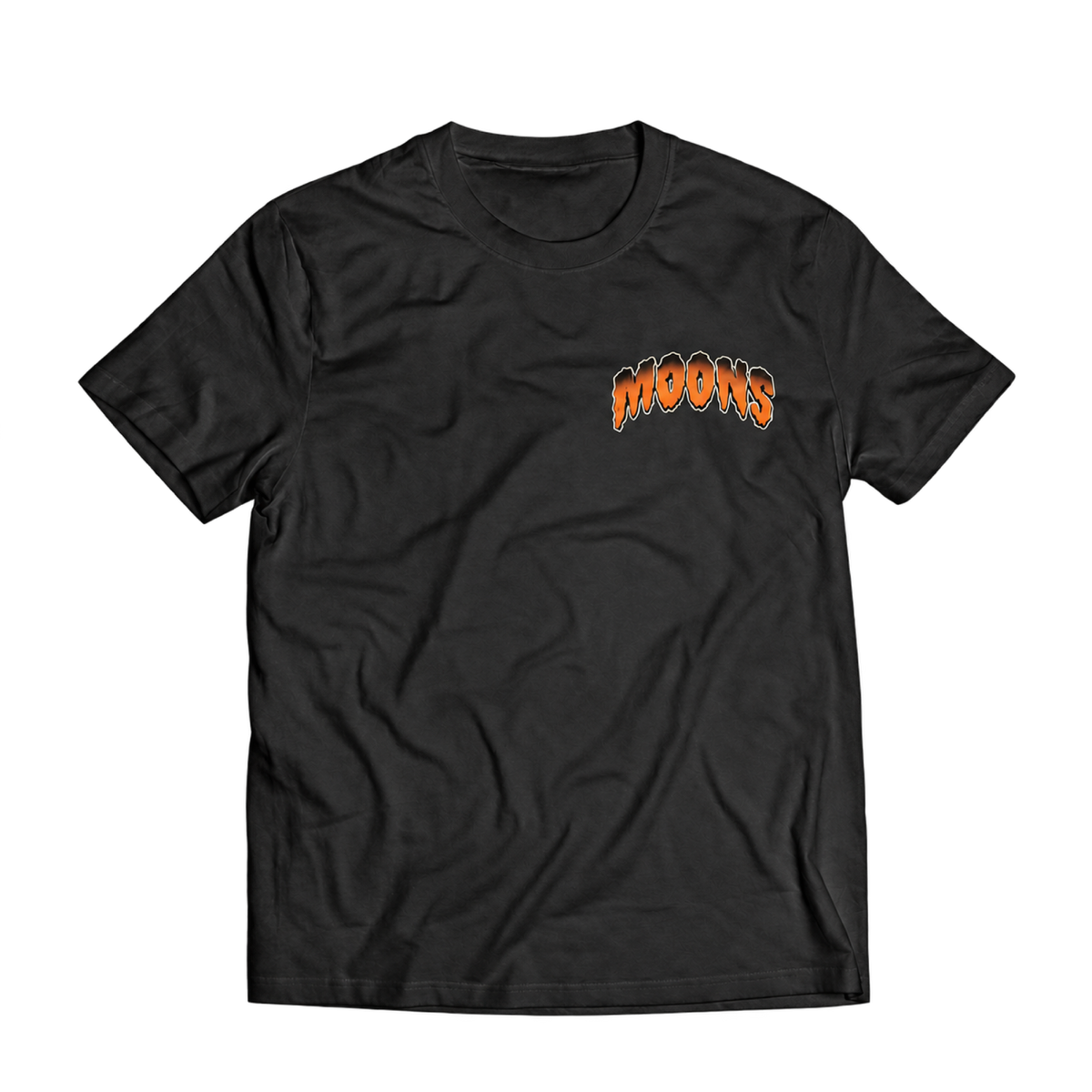 Front of black MOONSMC Midnight Reaper T shirt with a small orange MOONS logo on the left chest