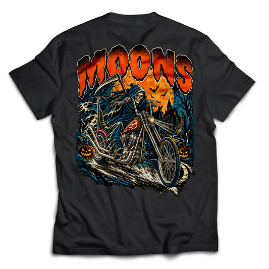 Back of black MOONSMC Midnight Reaper T shirt with a reaper riding a chopper beneath an orange moon