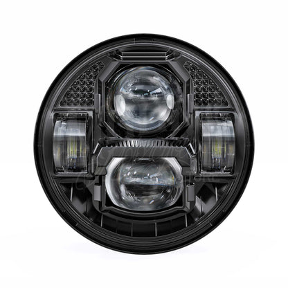 Front view of the black MOONSMC 5.75-inch OG Moonmaker V4 headlight with large center and smaller side lenses.