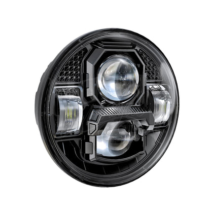 Angled front view of the MOONSMC 5.75-inch OG Moonmaker V4 headlight and its projector lenses.