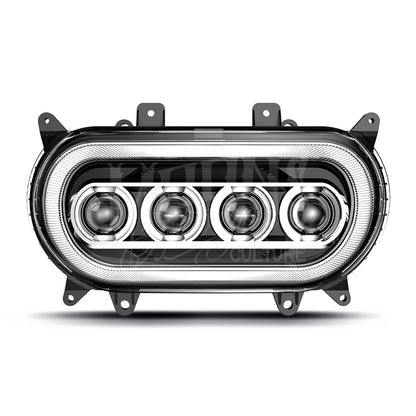 Front view of the MOONSMC Moonmaker 3 Road Glide headlight with four round projectors and an oval halo.