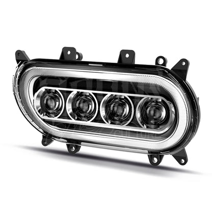 Angled front view of the MOONSMC Moonmaker 3 Road Glide headlight and its four projector lenses.
