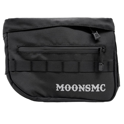 Front view of a black MOONSMC RECON saddlebag with MOLLE webbing and a zippered pocket.