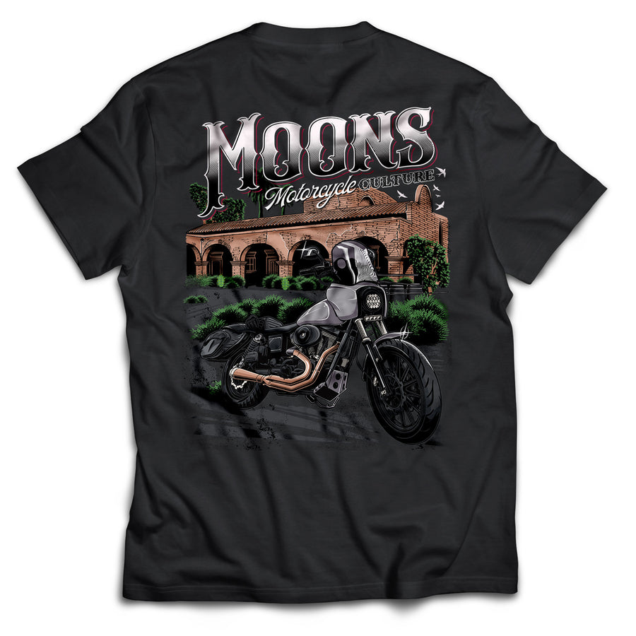 MOONSMC San Juan Capistrano - Mission Dyna Heavyweight Cotton T-Shirt: black tee showing the large mission and motorcycle back graphic.