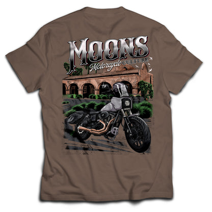 MOONSMC San Juan Capistrano - Mission Dyna Heavyweight Cotton T-Shirt: brown tee showing the large mission and motorcycle back graphic.