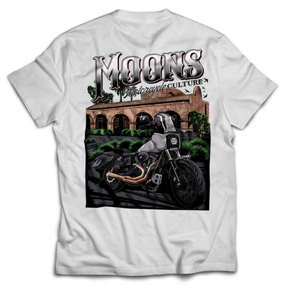 MOONSMC San Juan Capistrano - Mission Dyna Heavyweight Cotton T-Shirt: white tee showing the large mission and motorcycle back graphic.