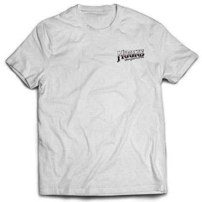 MOONSMC San Juan Capistrano - Mission Dyna Heavyweight Cotton T-Shirt: front of the white tee with a small chest logo.