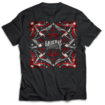 MOONSMC San Juan Capistrano Swallows Heavyweight Cotton T-Shirt: black tee showing the large red and white swallow back graphic.