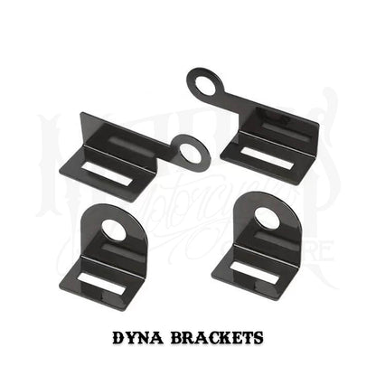 Four black MOONSMC RECON saddlebag mounting brackets labeled for Dyna models.