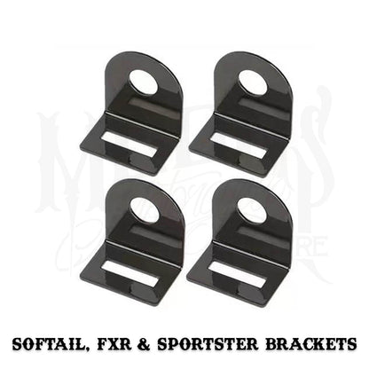 Four black MOONSMC RECON saddlebag mounting brackets labeled for Softail, FXR and Sportster models.