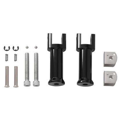 MOONSMC Softail passenger footpeg supports and mounting hardware arranged on a white background.