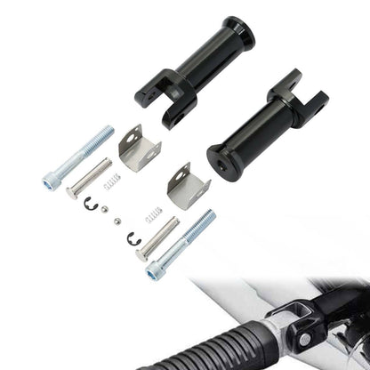 MOONSMC Softail passenger footpeg support mount kit with two black supports, mounting hardware and an installed-view inset.