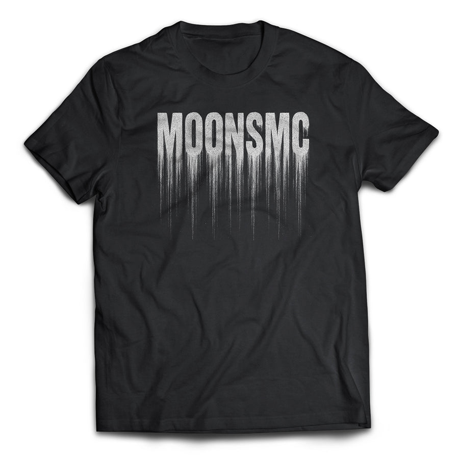MOONSMC Static Drip T-Shirt: black tee showing the white dripping-letter back graphic.