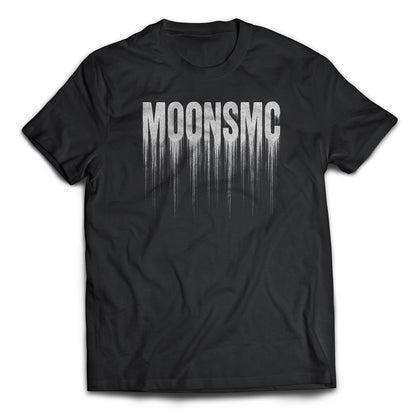 MOONSMC Static Drip T-Shirt: black tee showing the white dripping-letter back graphic.