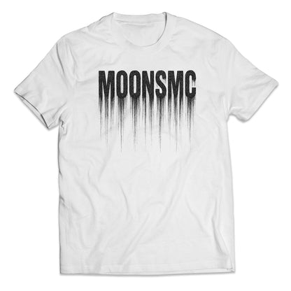 MOONSMC Static Drip T-Shirt: white tee showing the black dripping-letter back graphic.