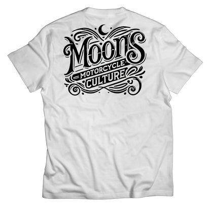MOONSMC "The Saloon" T-Shirt: white shirt laid flat showing the large black back logo.