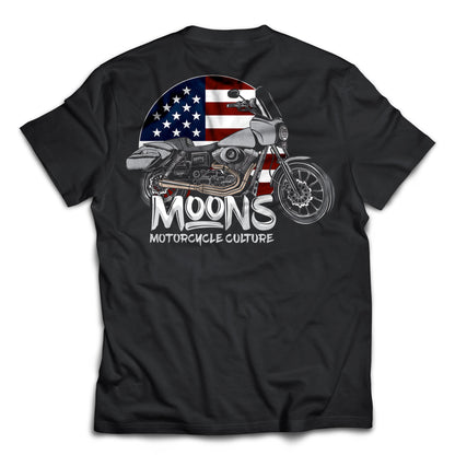 MOONSMC FXDT / T-SPORT "MURICA" Heavy T-Shirt: black tee showing the motorcycle and American flag back graphic.
