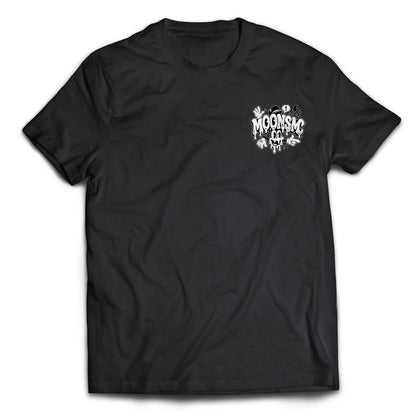 MOONSMC Urban Drip Graffiti Style T-Shirt: front of the black tee with a small chest graphic.
