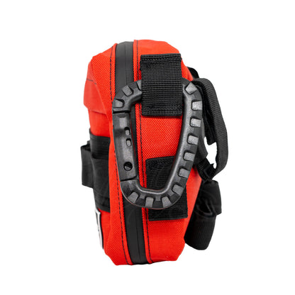 Side view of the red MOONSMC UrbanOps handlebar bag showing a carrying handle.