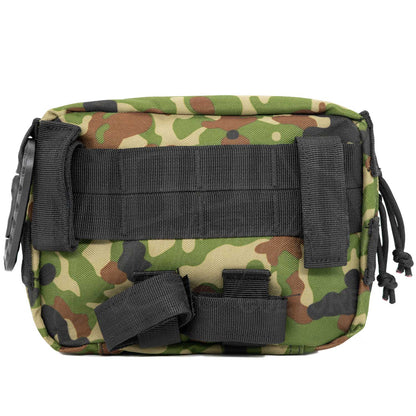 Rear view of the woodland camo MOONSMC UrbanOps handlebar bag showing its mounting straps.