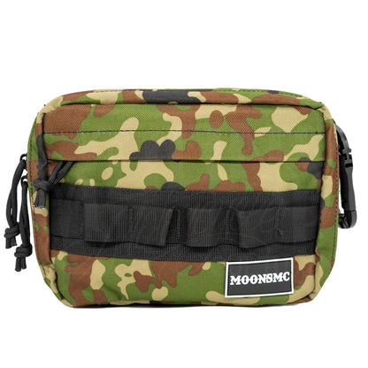 Front view of the woodland camo MOONSMC UrbanOps handlebar bag with MOLLE loops and a logo patch.