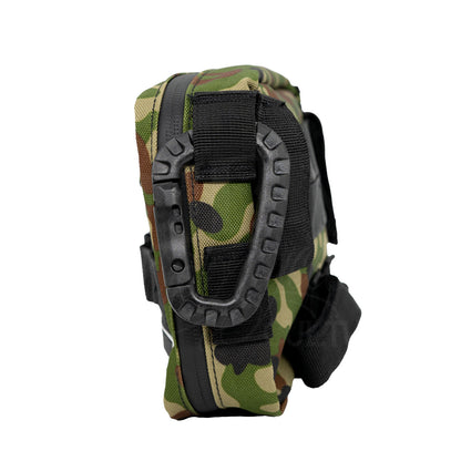 Side view of the woodland camo MOONSMC UrbanOps handlebar bag showing a carrying handle.