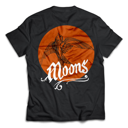 MOONSMC San Juan Capistrano Swallow Heavy Cotton Tee: black tee showing the swallow and orange circle back graphic.