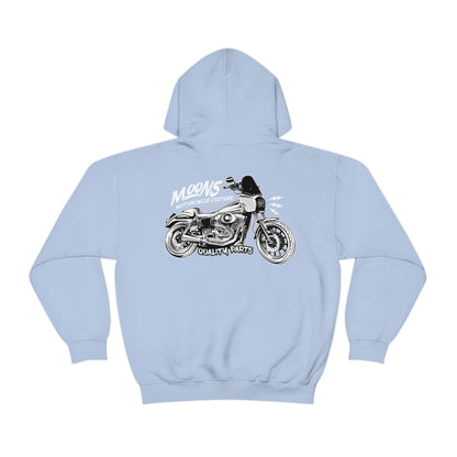 MOONSMC T-SPORT / FXDXT Hooded Sweatshirt: light blue hoodie showing the large motorcycle graphic.
