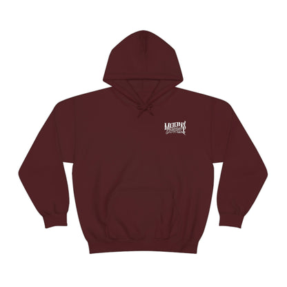 MOONSMC FXLRS Skull Rider Hooded Sweatshirt: burgundy hoodie with a small chest logo and pouch pocket.