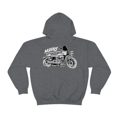 MOONSMC T-SPORT / FXDXT Hooded Sweatshirt: heather charcoal hoodie showing the large motorcycle graphic.