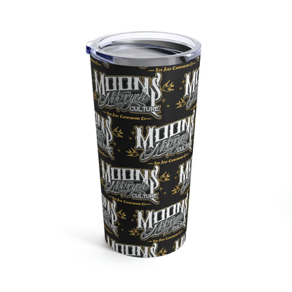 MOONSMC San Juan Capo Tumbler 20oz: angled view of the black logo tumbler and clear lid.