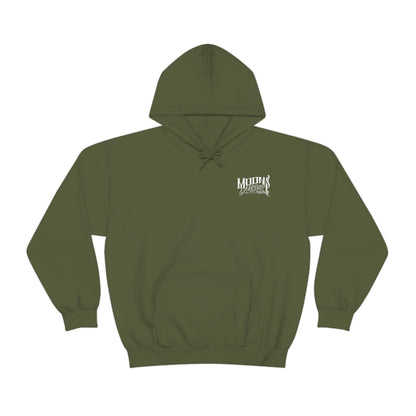MOONSMC T-SPORT / FXDXT Hooded Sweatshirt: olive green hoodie with a small chest logo and pouch pocket.