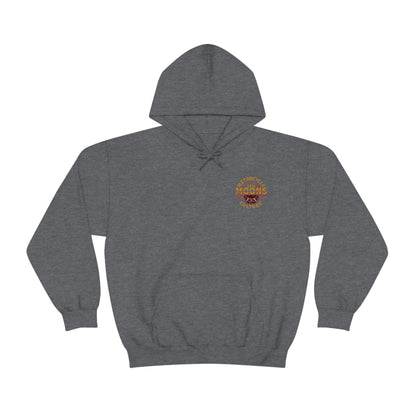 MOONSMC Samurai Mask Hooded Sweatshirt: heather charcoal hoodie with a small circular chest graphic.