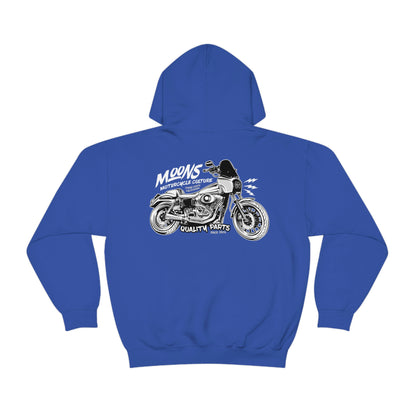 MOONSMC T-SPORT / FXDXT Hooded Sweatshirt: royal blue hoodie showing the large motorcycle graphic.
