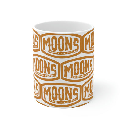 MOONSMC Vintage Badge Ceramic Mug 11oz: front view of the repeating gold badge pattern.