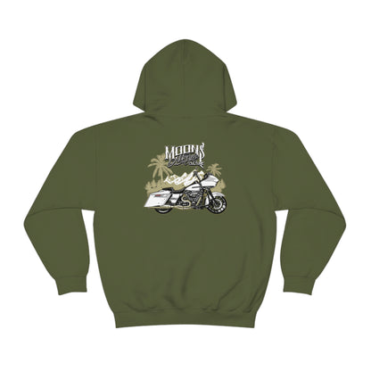 MOONSMC Road Glide Special Hooded Sweatshirt: olive green hoodie showing the motorcycle and palm-tree graphic.