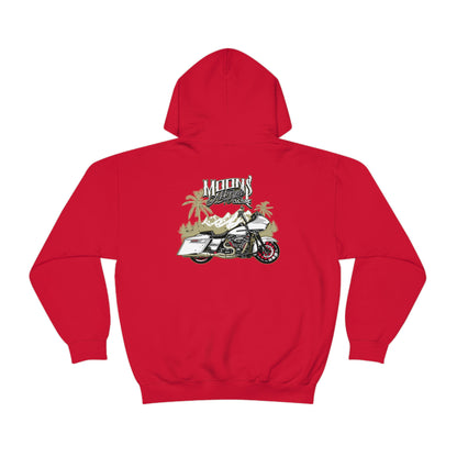 MOONSMC Road Glide Special Hooded Sweatshirt: red hoodie showing the motorcycle and palm-tree graphic.