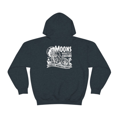 MOONSMC FXLRS Skull Rider Hooded Sweatshirt: dark blue hoodie showing the large skull rider graphic.