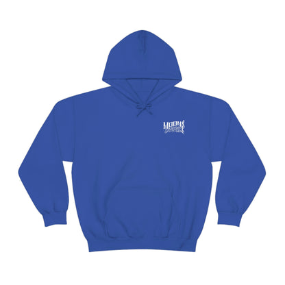 MOONSMC FXLRS Skull Rider Hooded Sweatshirt: royal blue hoodie with a small chest logo and pouch pocket.